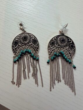 Vintage Bohemian Silver-Tone Turquoise Bead Fringe Drop Earrings